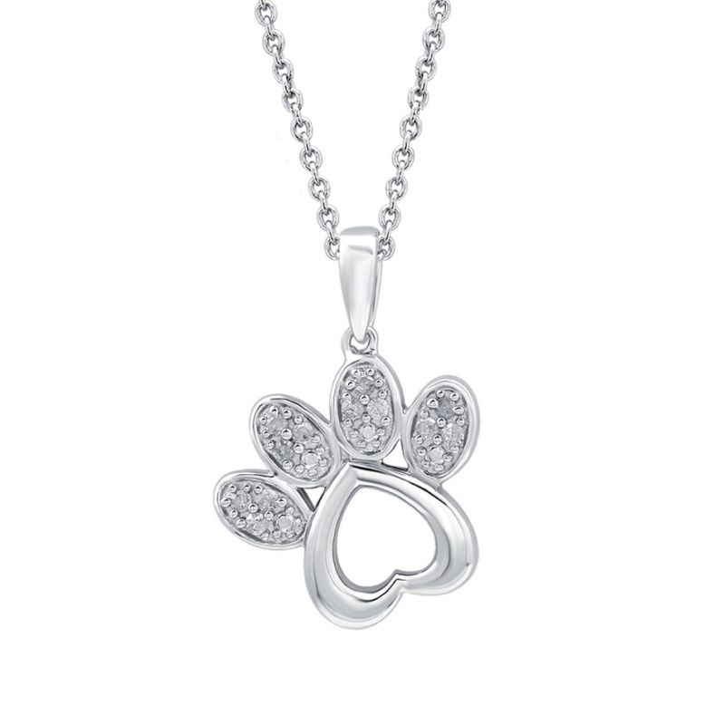 GILDED 1/10 Natural Round-Cut Diamond Paw Shaped Pendant-Necklace in Sterling Silver, 18-inch Chain