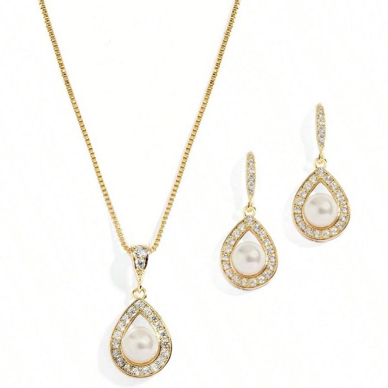 Pearl Wedding Jewelry Set: Necklace & Drop Earrings for Bride, Bridesmaids & Birthday Gift Gold Standard
