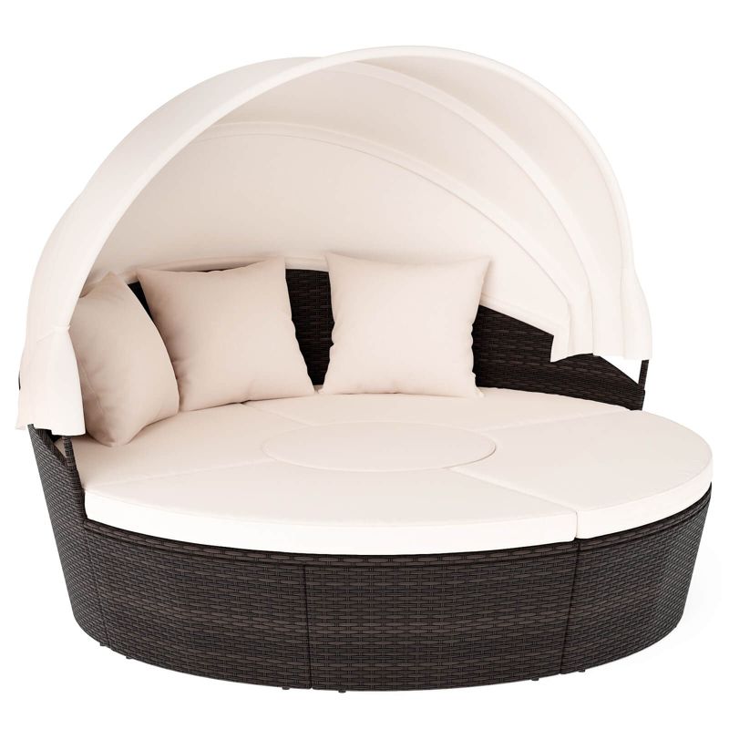 Costway Patio Round Daybed PE Rattan Cushioned Sectional Seating with Retractable Canopy