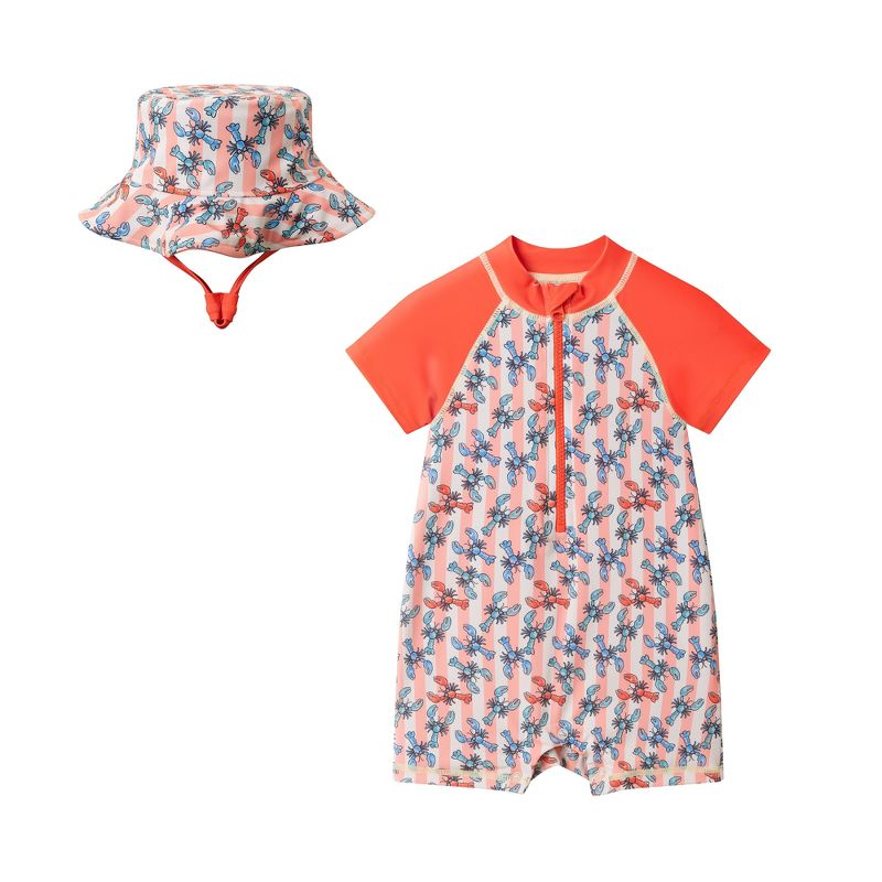 Andy & Evan Infant Short Sleeve Lobster Print Swim Romper Orange, Size 6-9 Months.
