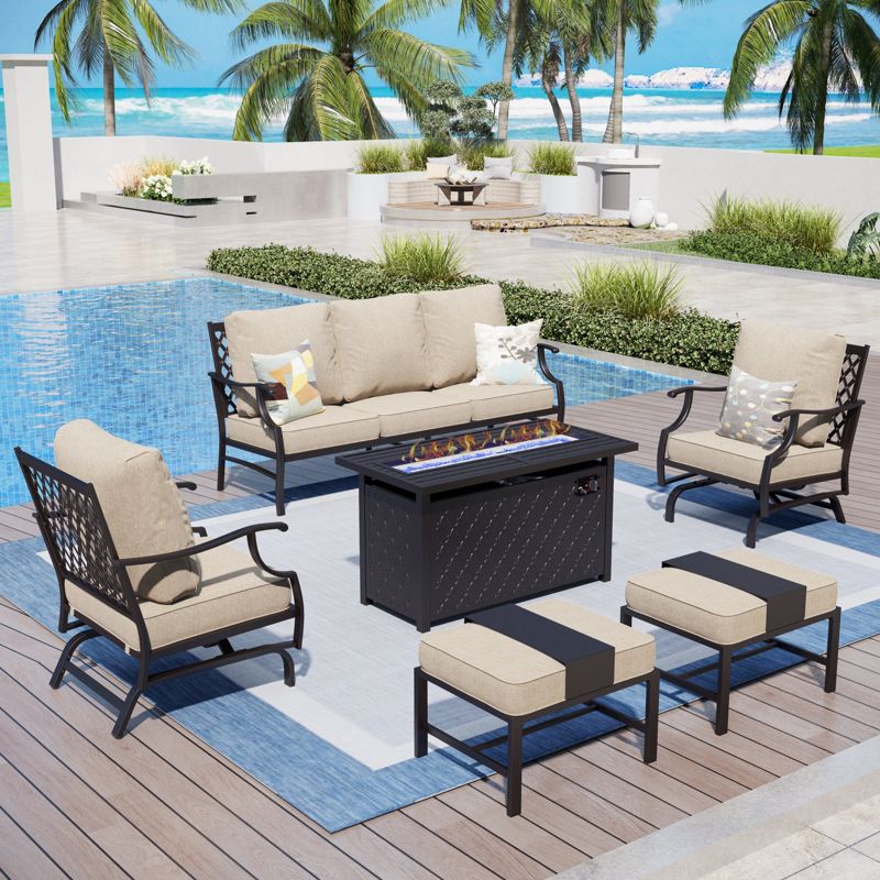 Captiva Designs 6pc Metal Patio Outdoor Conversation Fire Pit Set with Rocking Grid-back Armchairs and Ottomans for Garden, Poolside, Backyard