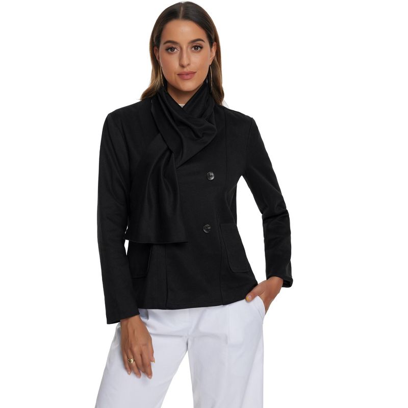 Allegra K Women's Double Breasted Overcoat Scarf Winter Outwear Fashion Pea Coat Black Small