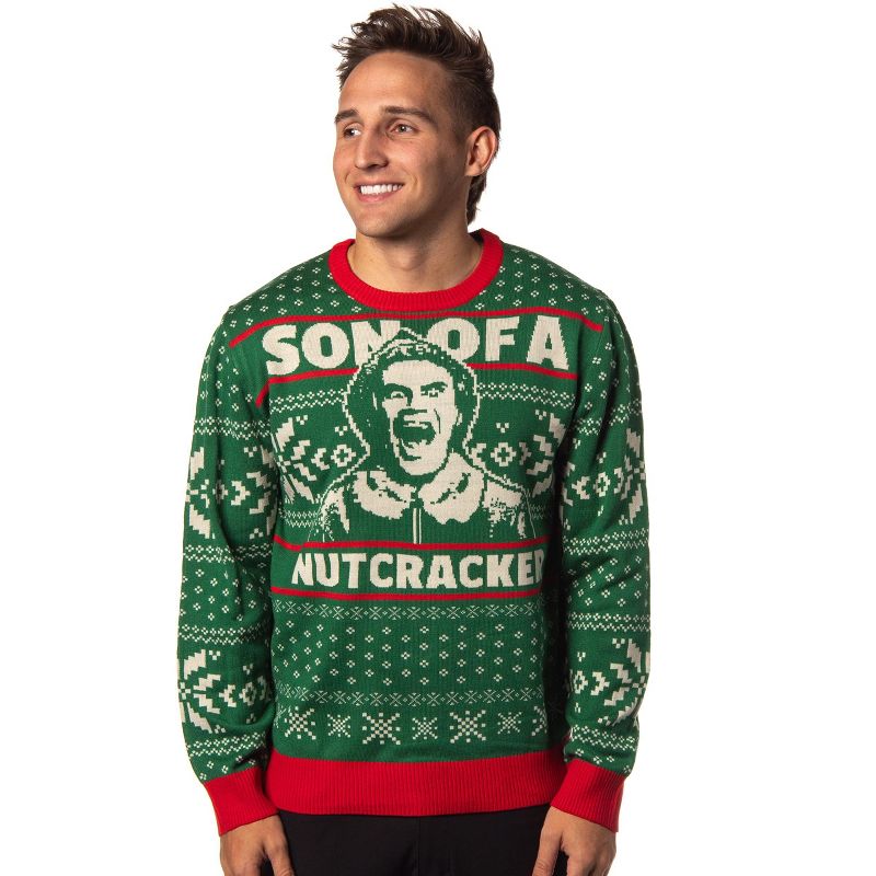 ELF The Movie Men's Buddy Son of a Nutcracker Ugly Christmas Adult Holiday Knit Pullover Sweater, X-Large Green