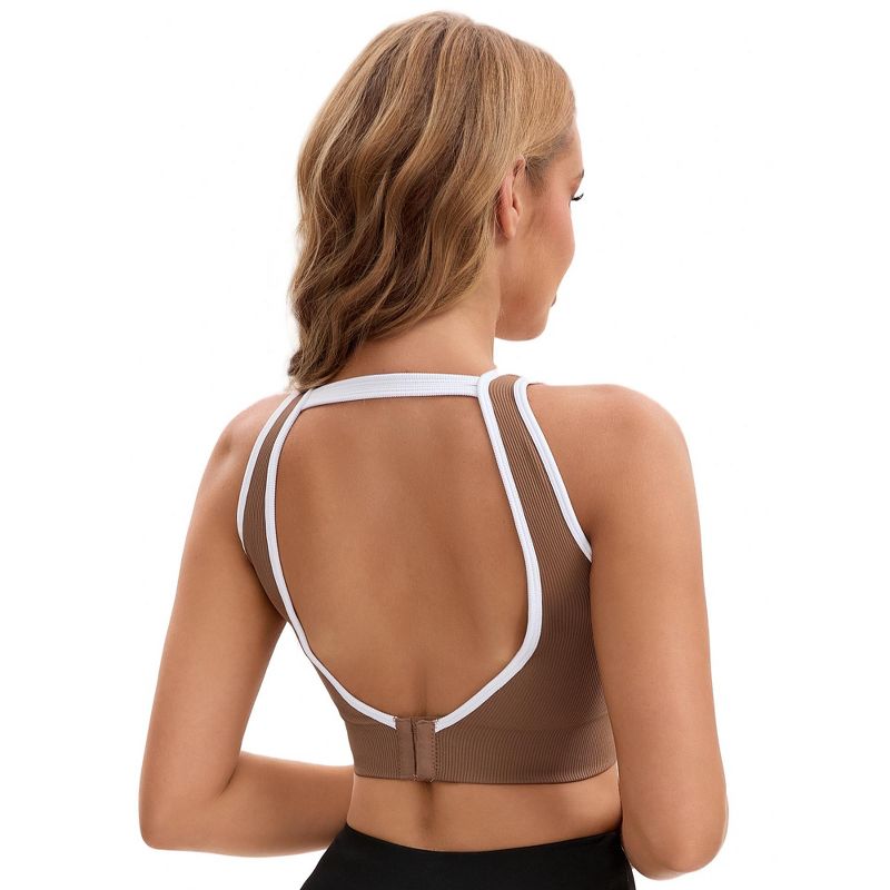 INSPIRE CHIC Women's Open Back Workout Tank with Built-In Bras Constrast Color Crop Sports Vest Small Brown