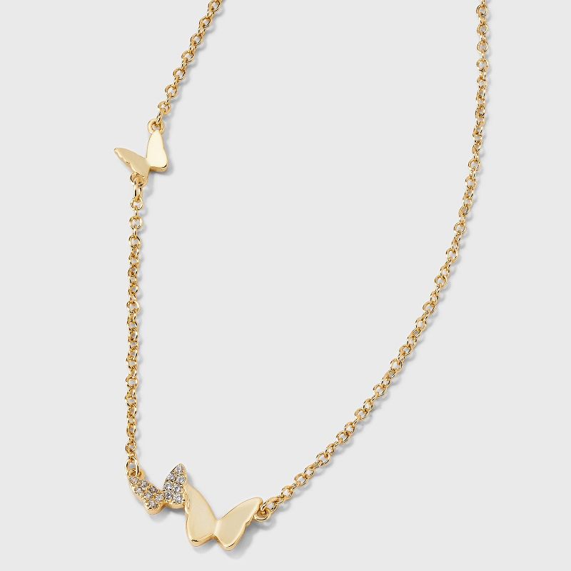 14K Gold Dipped Cubic Zirconia Triple Butterfly Station Necklace - Gold