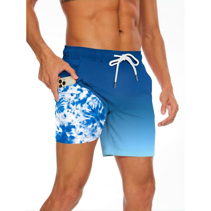Men's Quick-Dry Swim Trunks, Double Layer Tie-Dye Print Board Shorts with Pockets Royal Blue L