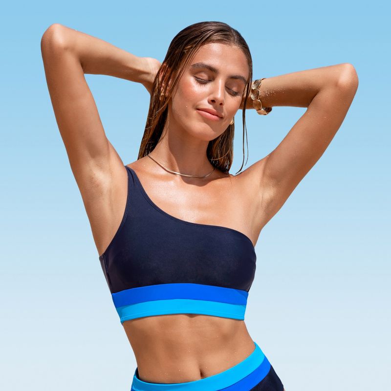 Women's Contrast Trim One Shoulder Pullover Bikini Top Swimsuit - Cupshe-S-Blue