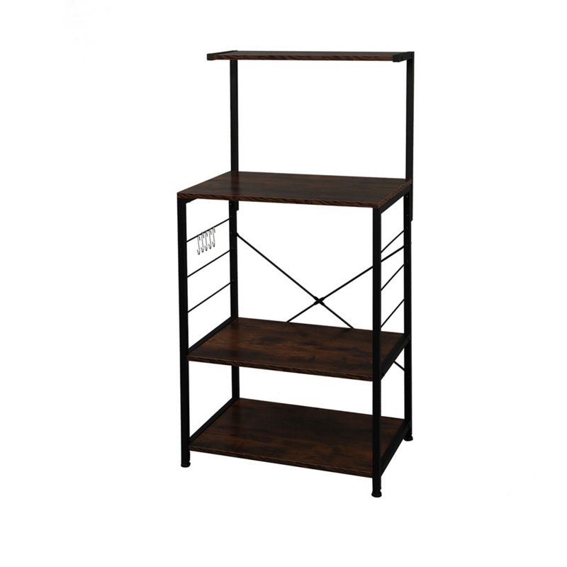 SEVOBAL Kitchen Storage Four Tier Vintage Wooden Bakers Rack with Hooks and Adjustable Legs, Black, 33.27"*18.11"*4.92"