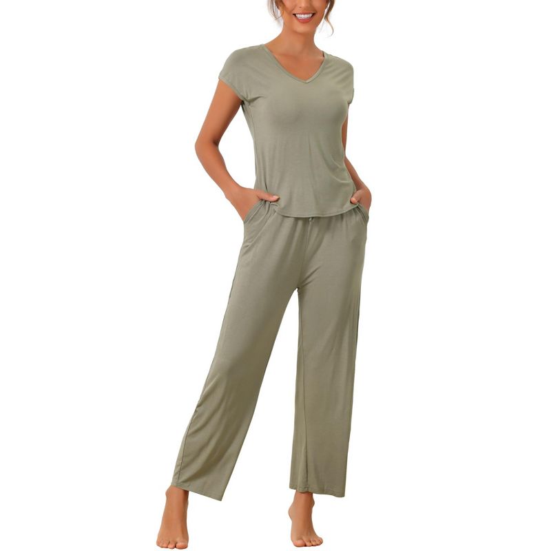 cheibear Women's Short Sleeve V-Neck Top with Long Pants Modal Casual 2 Pcs Loungewear Set Small Grey Green