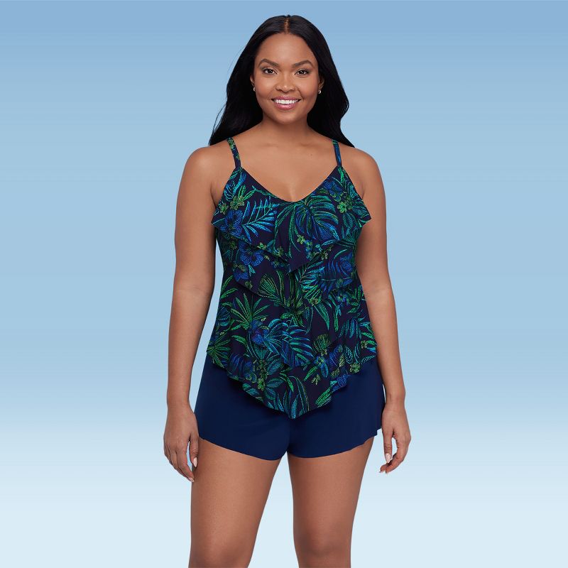 Trimshaper Women's Lena 4 Tier Ruffle Tankini Swimsuit Top - Tropical Tessellation