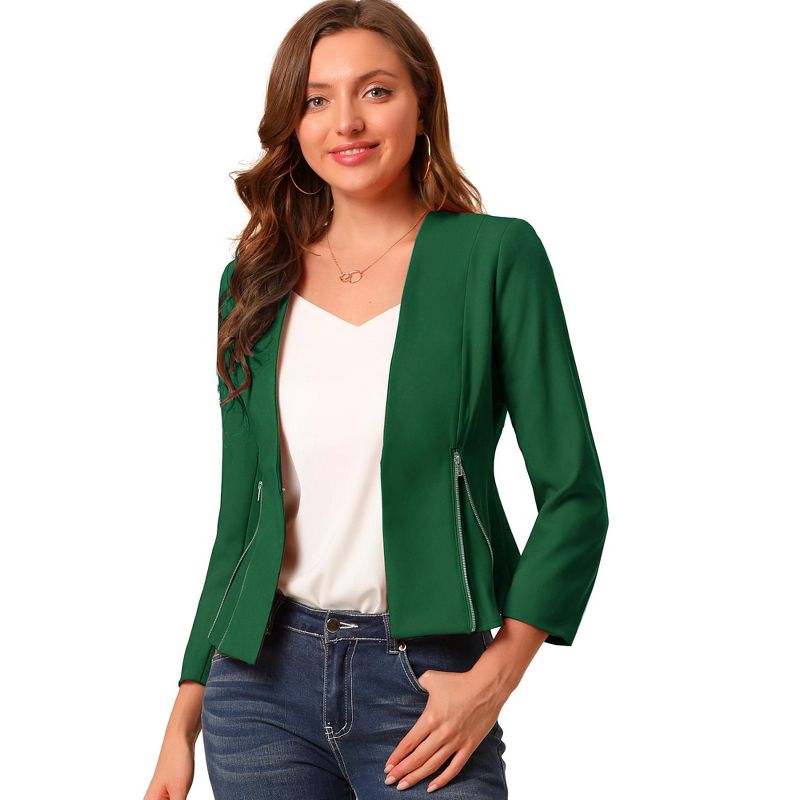 Allegra K Women's Work Office Zipper Decor Collarless Cropped Blazer Green Medium