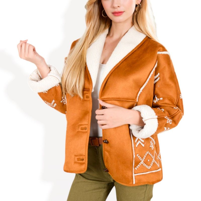 Anna-Kaci Women's Embroidered Faux Shearling Jacket with Shawl Collar - Large, Coffee