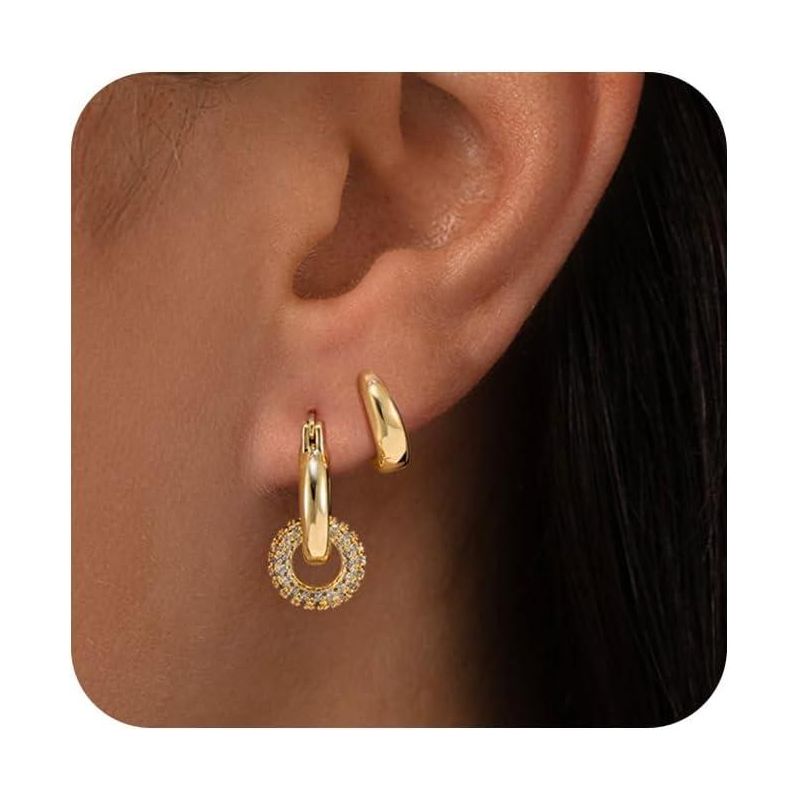 Gold & Silver Plated Cubic Zirconia Drop Earrings, Dainty Huggie Hoop Set, Lightweight Hypoallergenic Jewelry Double Hoop Gold One Size