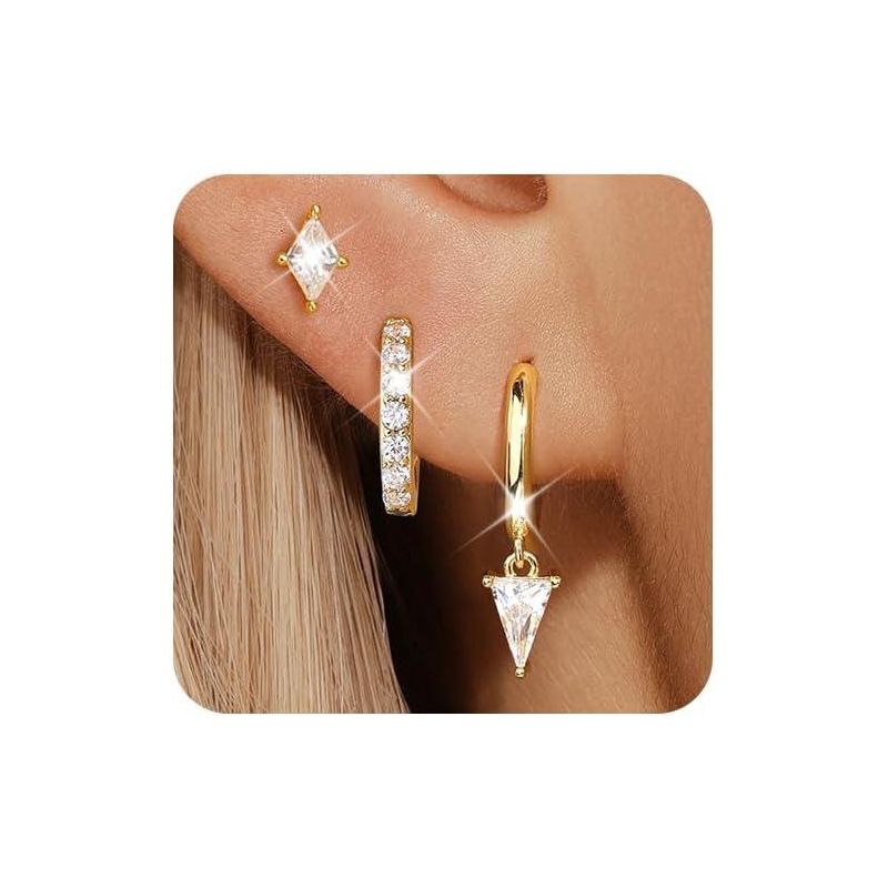 Gold Plated Dangle Huggie Hoop Set - Flower, Moon & Cross Designs, Hypoallergenic Stacking Jewelry Gift Gold One Size