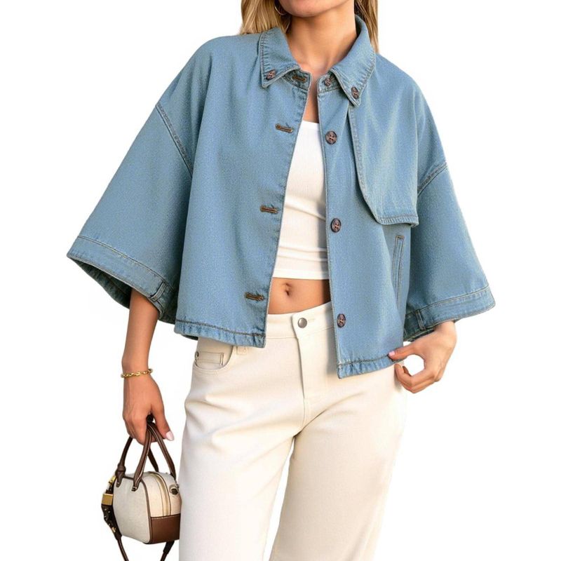 Imily Bela Womens Cropped Denim Jackets Casual Button Down Jean Shirt Shacket Loose 3/4 Sleeve Coat with Pockets Light Blue M