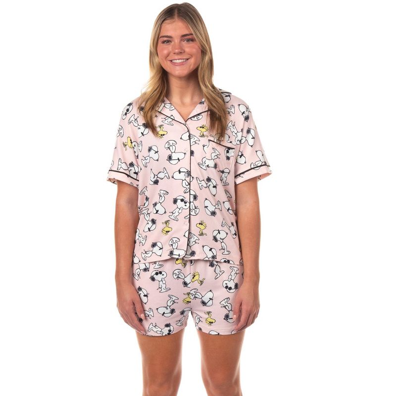 Peanuts Snoopy Pajamas Women's Sunglass Style Notch Collar 2-Piece Sleep Set (X-Large) Pink