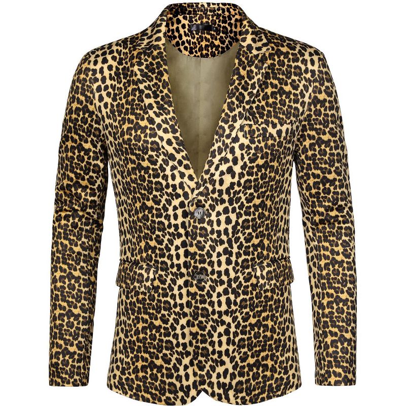 Lars Amadeus Men's Notched Lapel Slim Fit Vintage Animal Printed Blazer Yellow Black Large