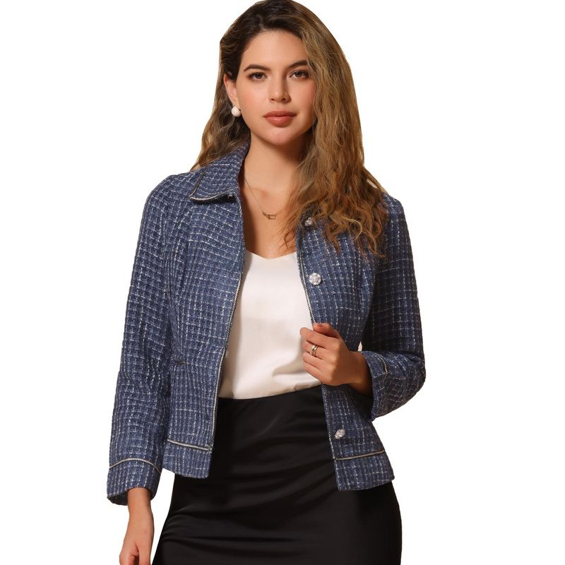 INSPIRE CHIC Women's Point Collar Long Sleeve Contrast Trim Button Down Work Office Jacket Navy Blue Medium