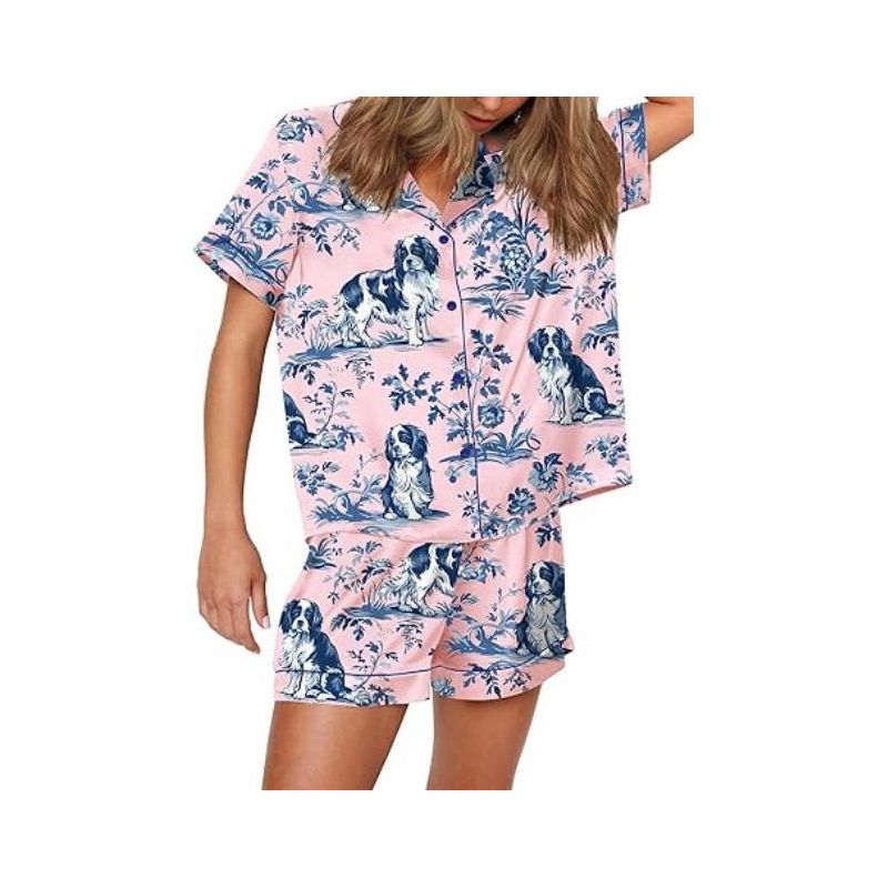 SHESHOW Satin Pajama Set for Women Floral Print Button Down Sleepwear 2 Piece Pjs Shorts Set Ckcs Dog Pink XL