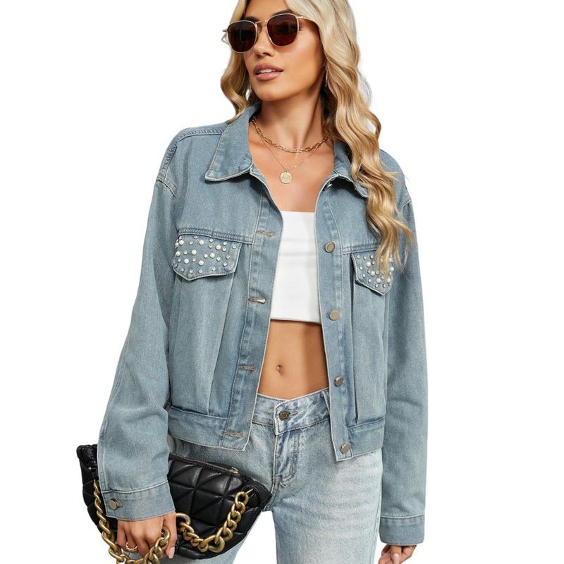 Women's Washed Vintage Denim Jacket with Rhinestone Embellishments, Trendy Short - Length Outerwear for All Seasons Blue XL