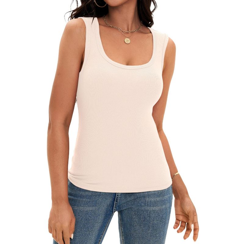 ATHLECHIC Women's Scoop Neck Ribbed Wide Strap Sleeveless Workout Basic Sport Tank Tops Apricot Small