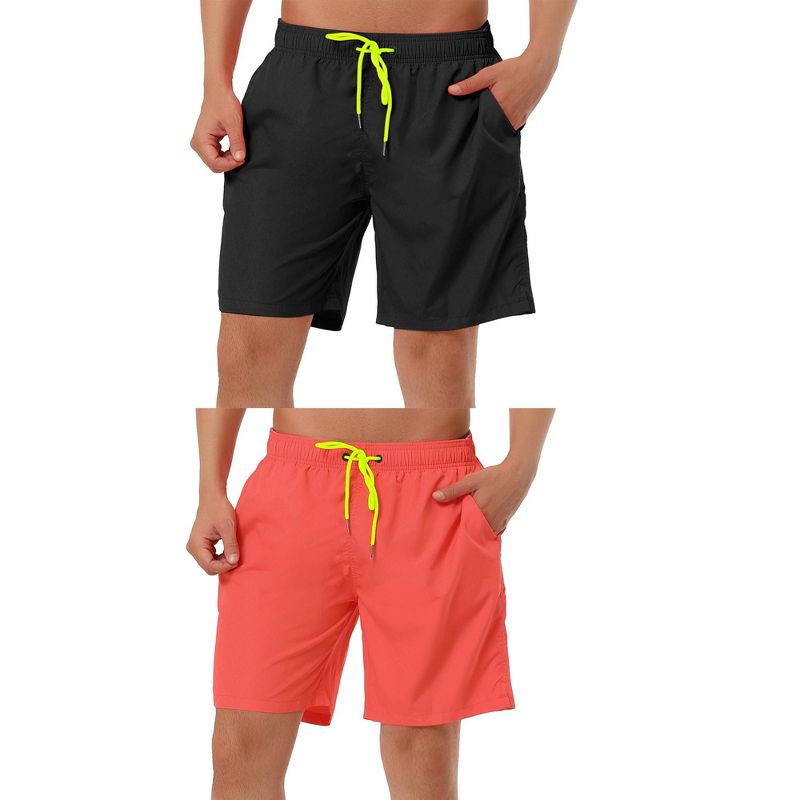 Lars Amadeus Men's Solid Color Drawstring Lightweight Swimwear Beach Board Shorts 2 Packs Black/Red 34