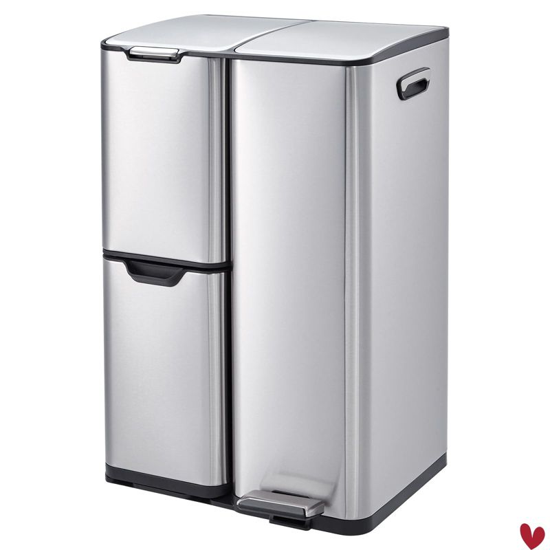 Triple Compartment Stainless Steel Trash & Recycling Bin Combo ¨C 16 Gallon, Removable Inner Buckets, Collapsible Foot Pedal ¨C Step-On Garbage Can