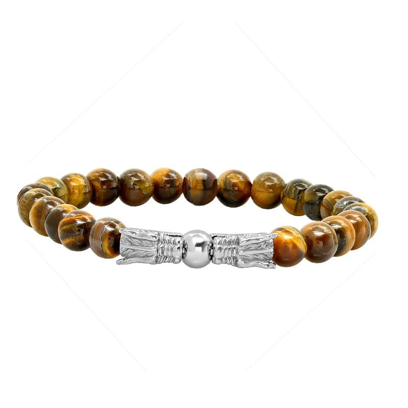 Steeltime Men's tiger eye beads and stainless steel dragon head stretch bracelet