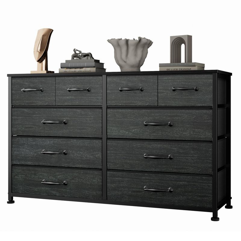Large Black 10 Drawer Dresser Wide Fabric Storage Chest of Drawers Organizer Unit Bedroom Furniture Entryway 50 Inch TV Stand