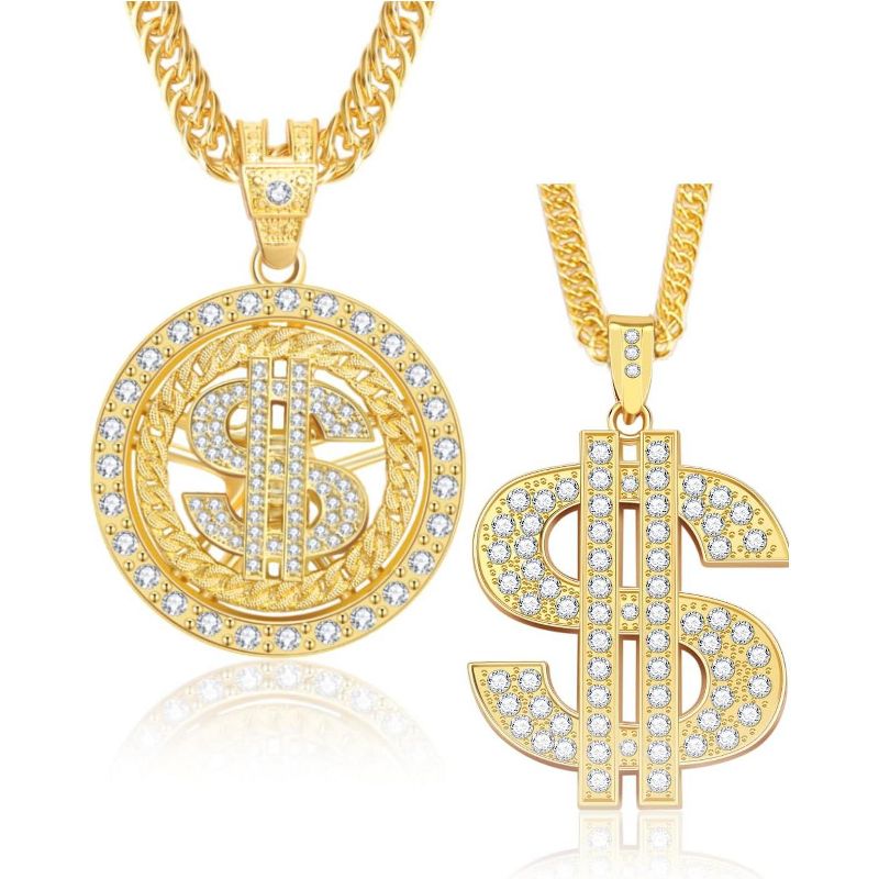 2PCS Dollar Sign Chain Necklace - Fake Gold Hip Hop Jewelry, 70s/90s Rapper Halloween Costume for Men