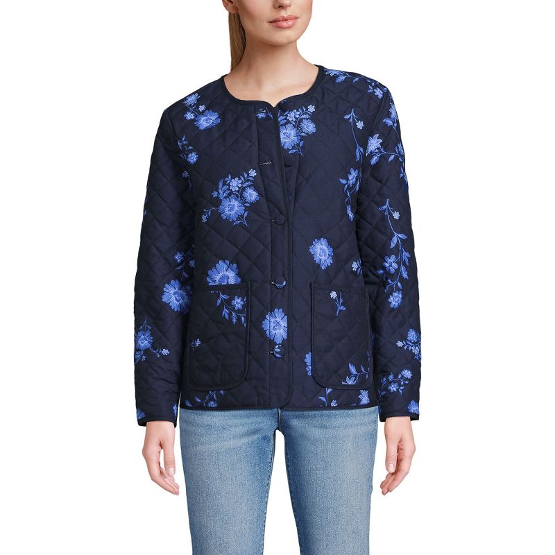 Lands' End Women's Quilted Reversible Jacket - Small - Navy Floral/Navy Gingham