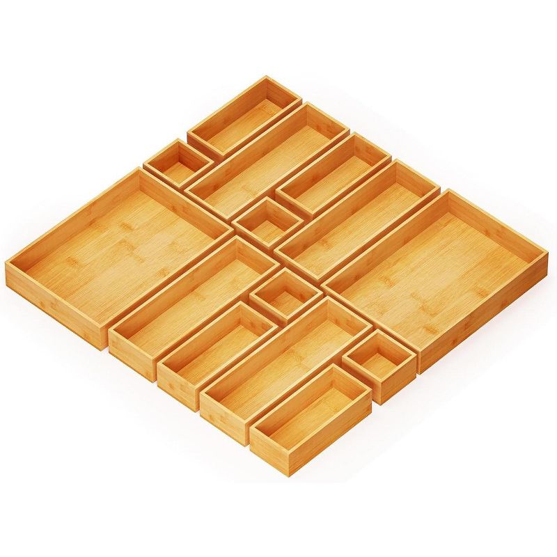 14-Piece Bamboo Drawer Organizer Set – Multi-Use Divider Bins for Kitchen, Bathroom, Office, and Makeup Storage, Natural