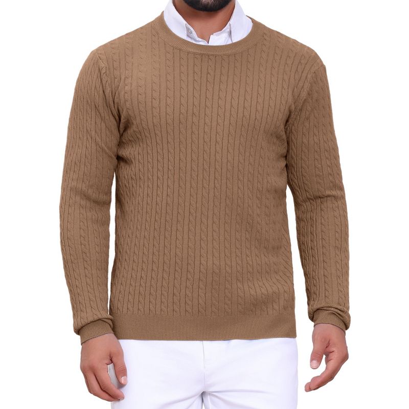 INSPIRE CHIC Men's Slim Fit Crew Neck Long Sleeve Soft Twist Textured Cable Knit Pullover Sweater Brown Small
