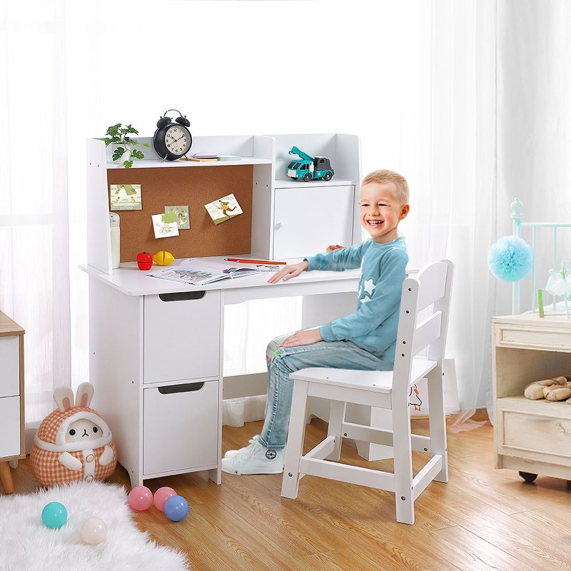 Wooden Kids Desk & Chair Set with Storage Shelf & Bulletin Board - White Study Table， Durable Writing Desk for Ages 3+