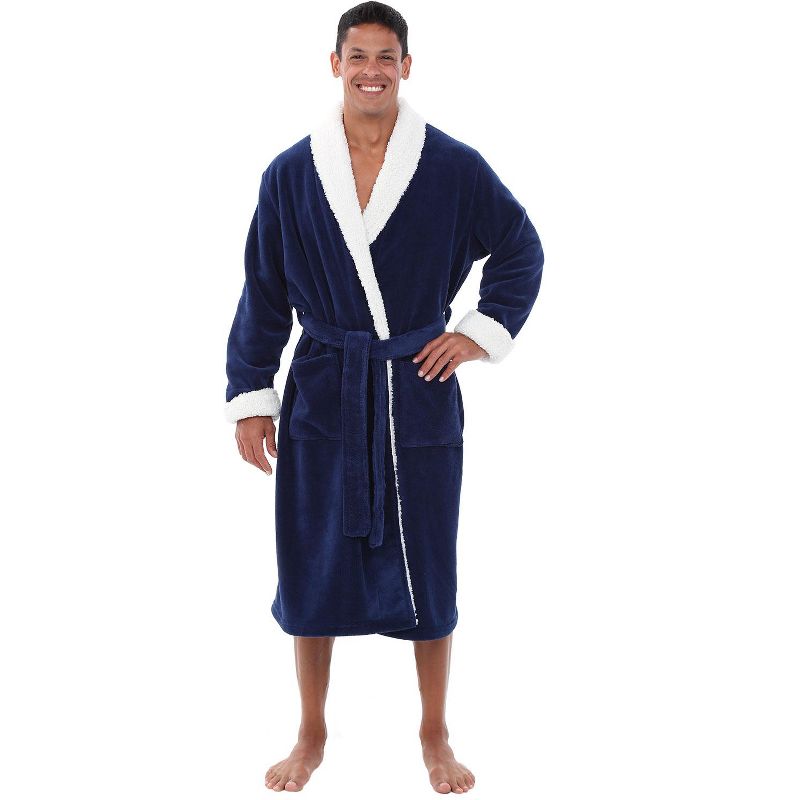 ADRMen’s Robe, Plush FleeceBathrobewithTwo Large Front Pockets and Tie Closure,Navy Blue with Faux Wool, 2XL