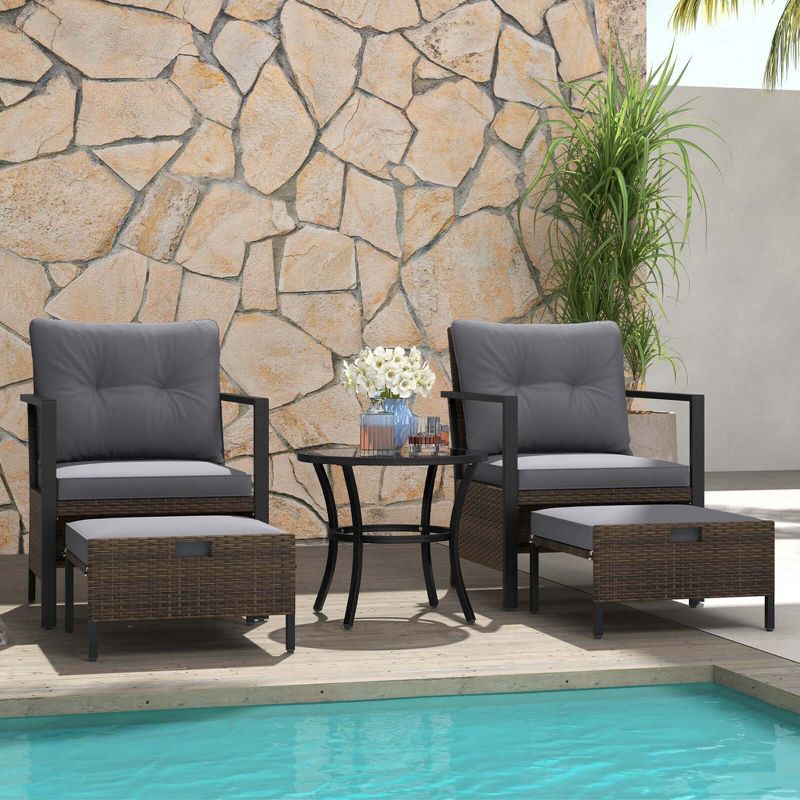 Costway 5 PCS Outdoor Furniture Set Rattan Chairs & Ottomans with Glass Topped Coffee Table Gray