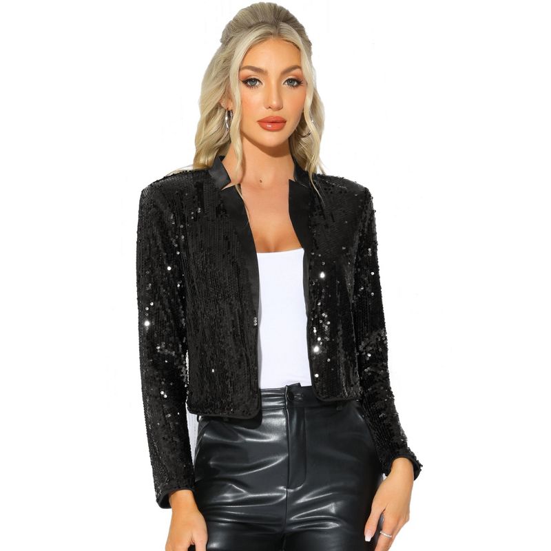 INSPIRE CHIC Women's Long Sleeve Open Front Sequin Fabric Blazer Black Large