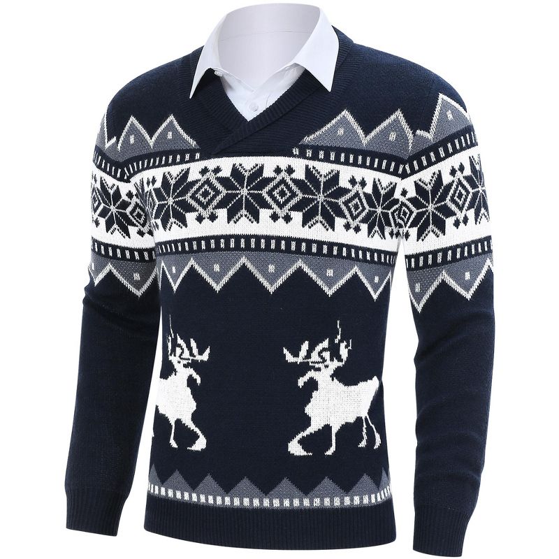 Coolmee Men's Christmas Sweater Ugly Knitted Xmas Sweaters Casual Snowflake Deer Pullover Knitwear Navy Blue XL