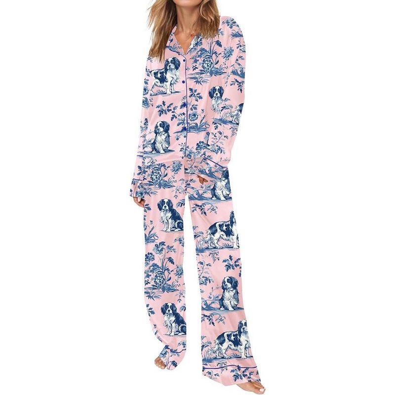 SHESHOW Funny Pjs Sets Women Button Down 2 Piece Pjs Long Sleepwear Animal Print Pajamas Set for Women Cute Dog Pink L