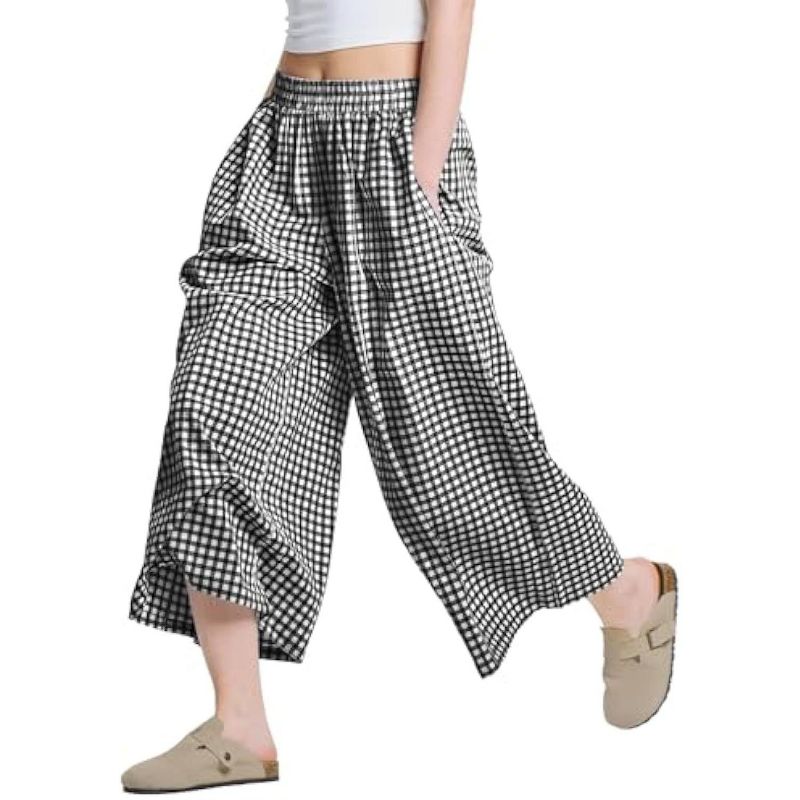 Womens Wide Leg Pants Plaid Summer Elastic Waist Trousers Bottoms with Pockets,Black,Large