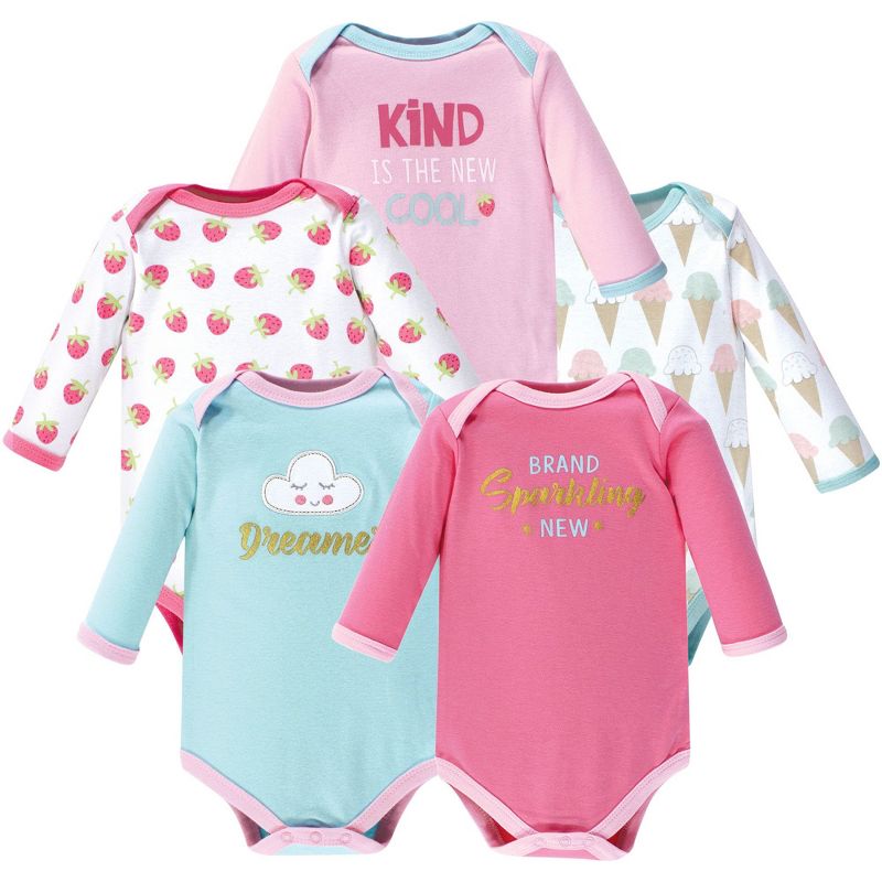 Luvable Friends Baby Girl Cotton Long-Sleeve Bodysuits 5pk, Dreamer, 9-12 Months