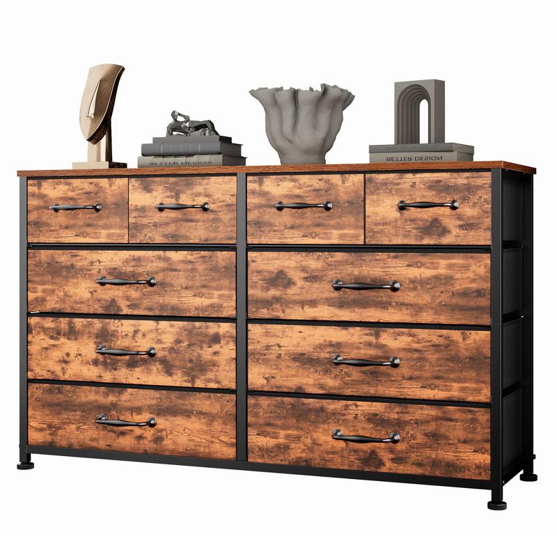 Wide Rustic Brown 10 Drawer Dresser Fabric Storage Chest of Drawers Large Organizer Unit Bedroom Furniture Entryway 50 Inch TV Stand