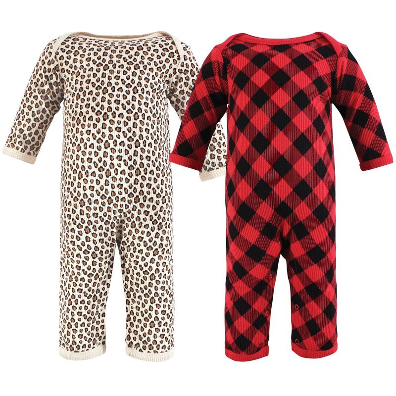 Hudson Baby Infant Girl Thermal Coveralls 2pk, Buffalo Plaid Leopard, 0-3 Months