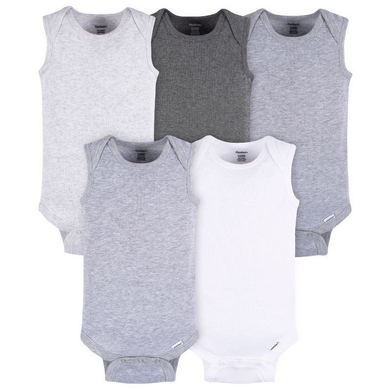 Gerber Baby Neutral 5-Pack Sleeveless Lap Shoulder Onesies Bodysuits, Grey Heather, 0-3 Months