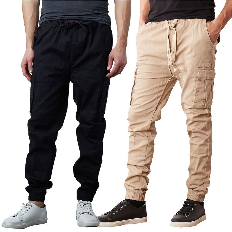 Jump Start Men's Slim Fit Cotton Flex Stretch Cargo Jogger Pants- 2 Pack-Black & Khaki-M