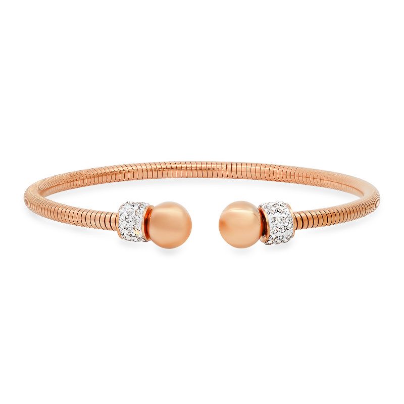 Steeltime Ladies 18k rose gold plated stainless steel snake cuff bracelet with simulated diamonds beads. Color Options: Silver, Gold, Rose
