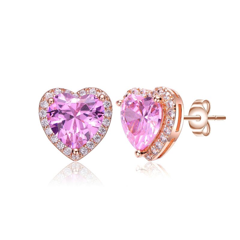 Guili Sterling Silver Rose Gold Plated Heart Stud Earrings with Pink Cubic Zirconia, a Romantic and Dainty Jewelry Piece for a Soft Glow