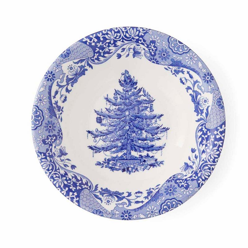 Spode Blue Italian Christmas Tree Bowl, 7.9" Porcelain Holiday Dish for Breakfast, Snacks & Desserts, Festive Blue & White Tableware, Classic Design