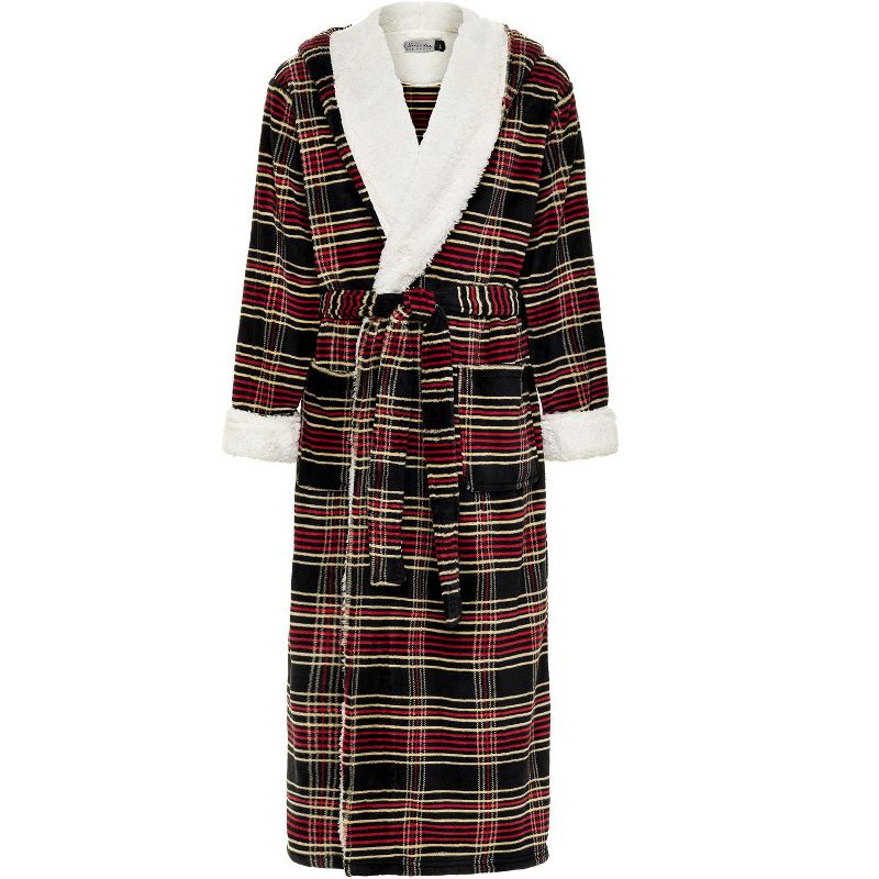 ADR Men’s Long Hooded Robe, Hooded Big and Tall Plush Fleece Hoodie Bathrobe Refined Tartan Plaid 2XL