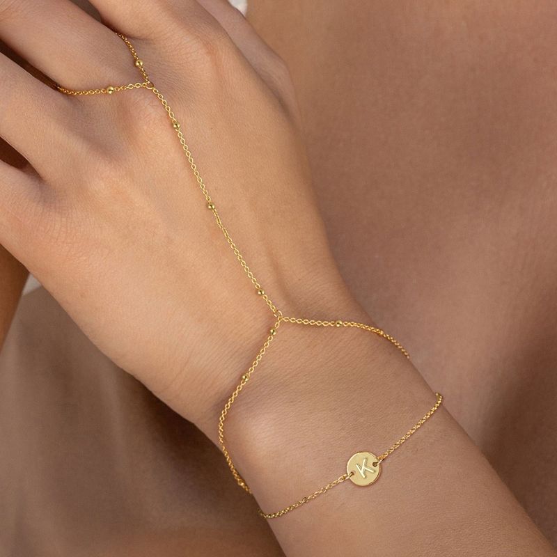Turandoss 2PCS Initial Hand Chain Bracelet for Women - 18K Gold Layered Disc Letter Chains, Finger Charm Bracelet Stack, Christmas Gifts, 6+2In, K